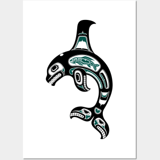 Teal Blue and Black Haida Spirit Killer Whale Posters and Art